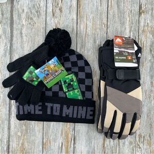 Minecraft Beanie Hat Knit & Ski Gloves 3-Piece Set